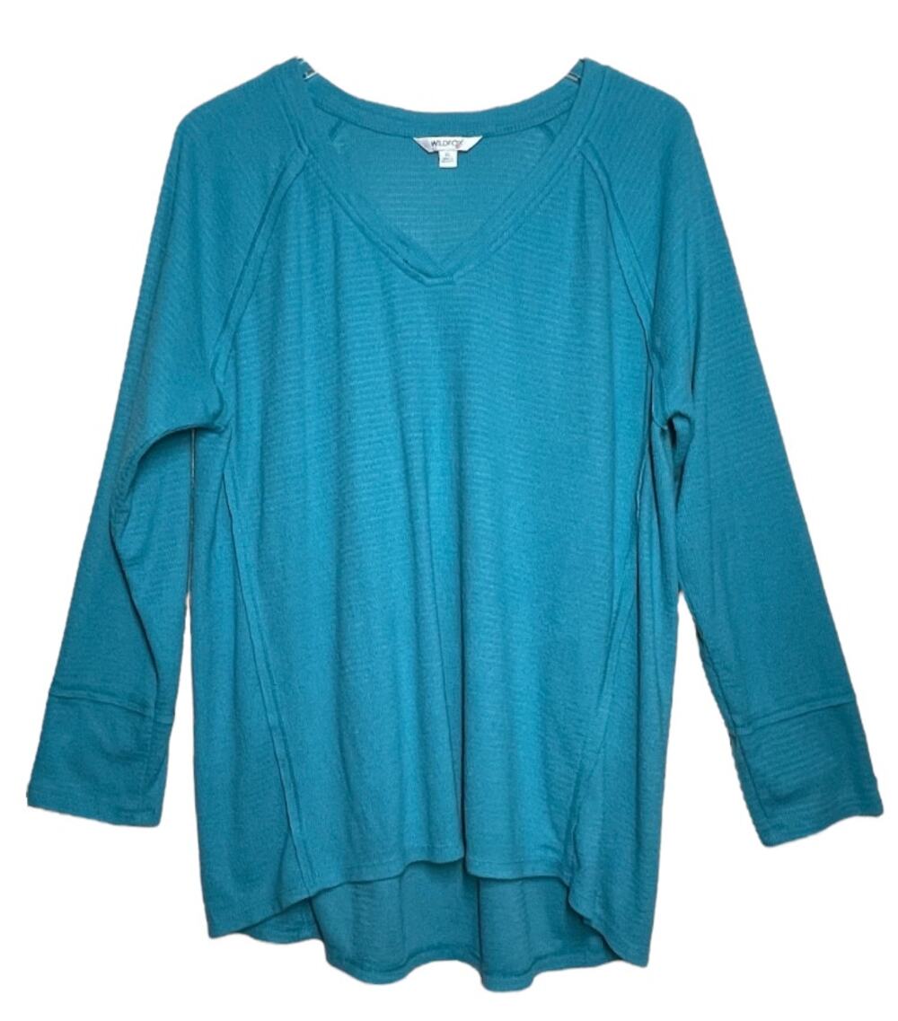 Wildfox Haley Waffle V Neck Top XL Peacock Blue Oversized Knit